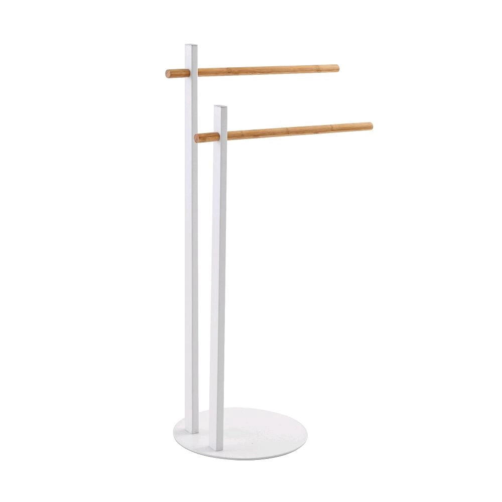 Piantana Porta asciugamani 2 Bracci per Bagno in Acciaio Colore Bianco Opaco Bambù