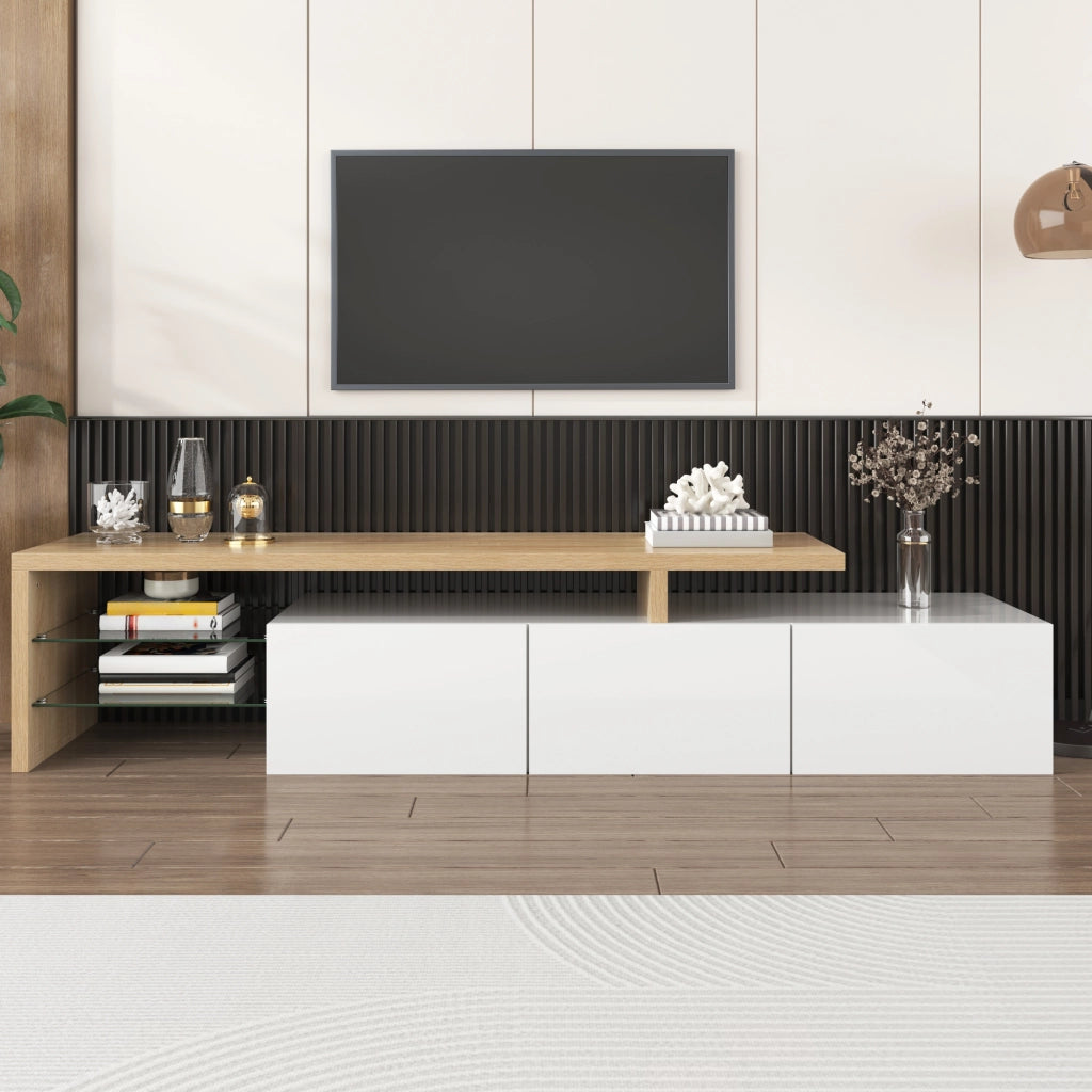 Mobile TV 197.5x39x42 cm; 3 vani con ripiani in vetro e LED a 7 colori; MDF e vetro; colore naturale e bianco