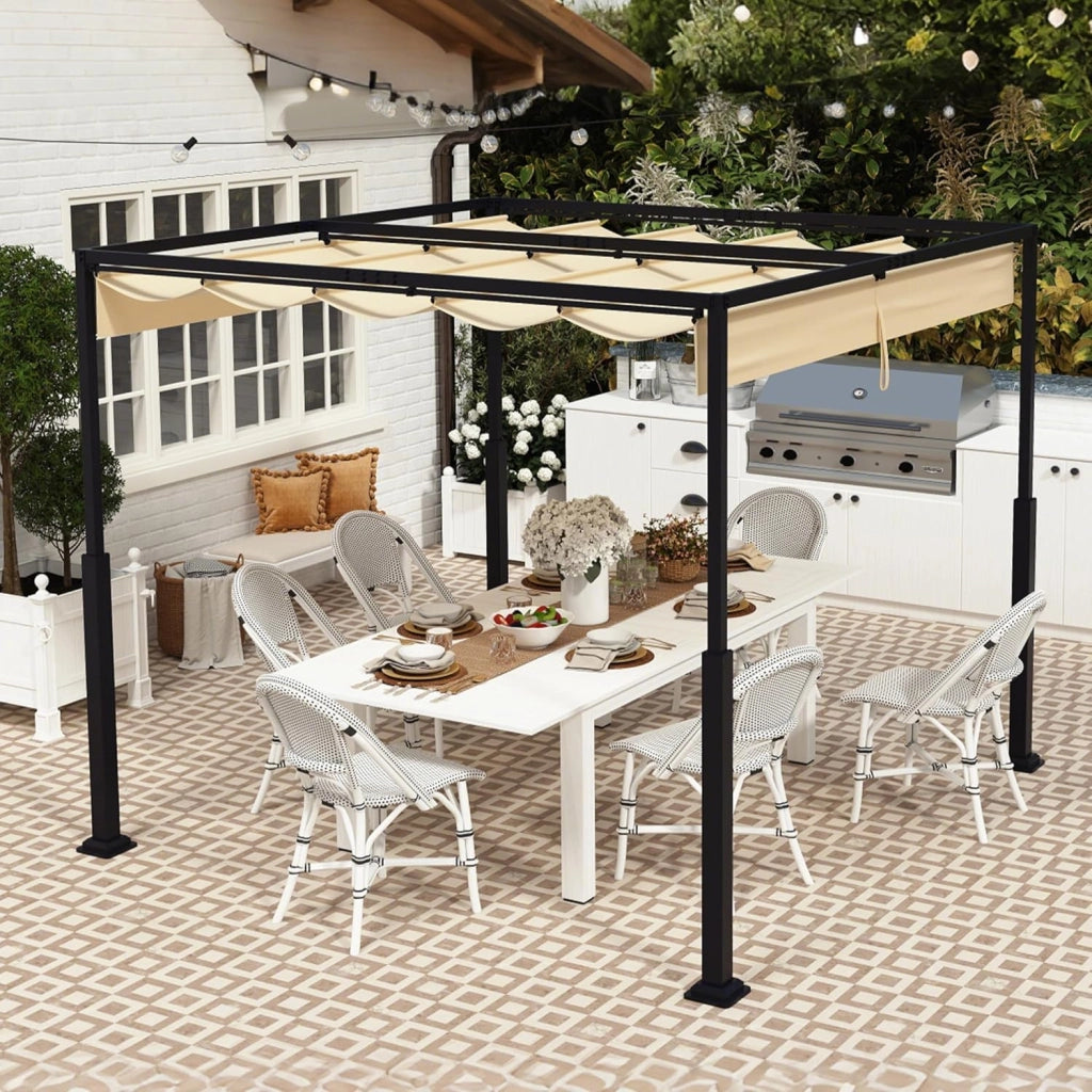 Pergola 3x3m, baldacchino impermeabile, stabile invernale, gazebo con ombreggiatura regolabile, protezione solare per giardino, terrazza e balcone, beige