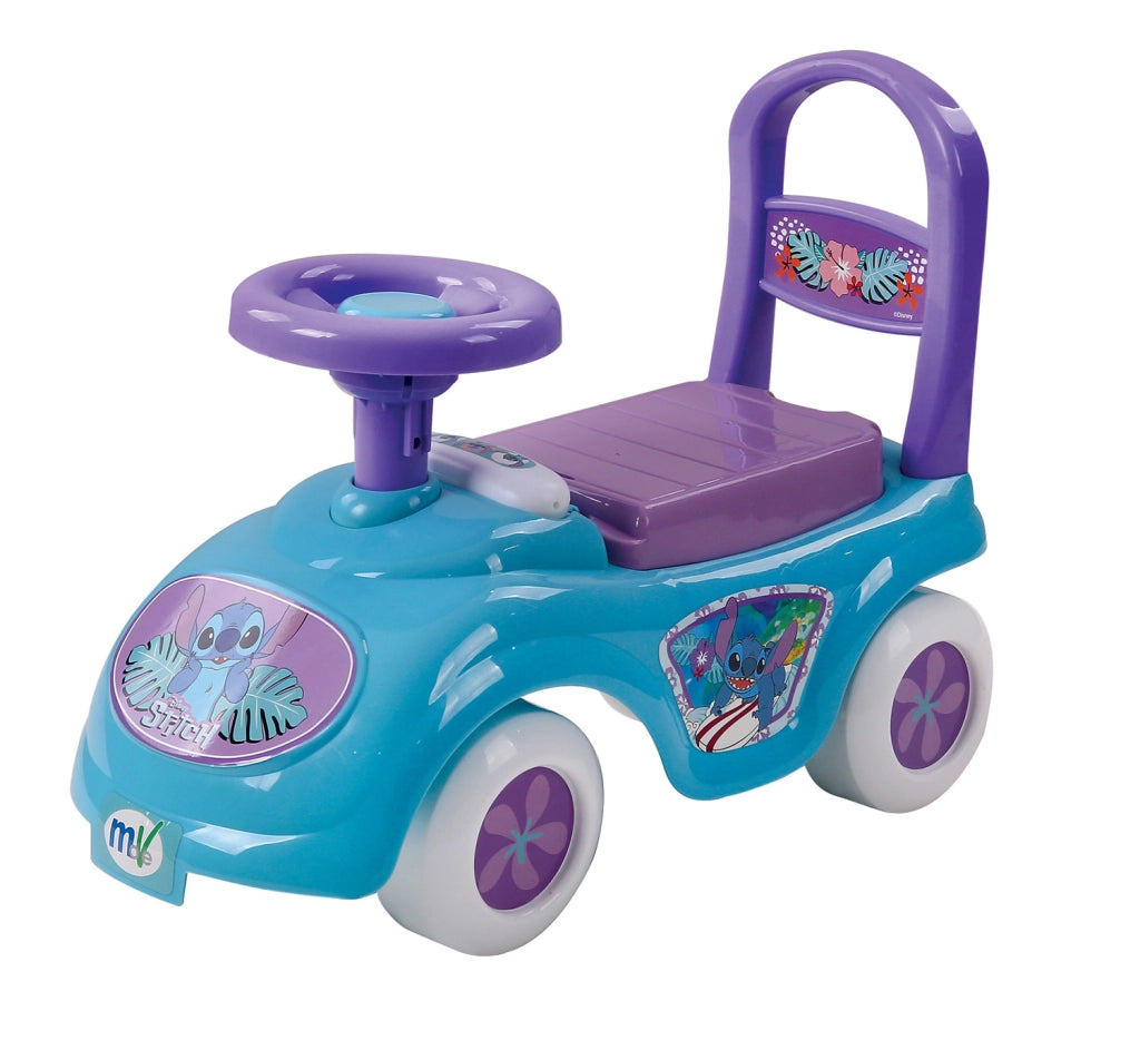 Macchina Cavalcabile per Bambini Volante Direzionabile Vano Contenitore e Telefono Disney Stitch Azzurro e Viola