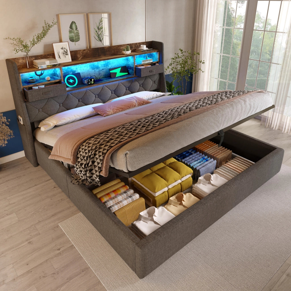 Letto matrimoniale 140x190 cm con contenitore idraulico; LED e porte USB in lino grigio