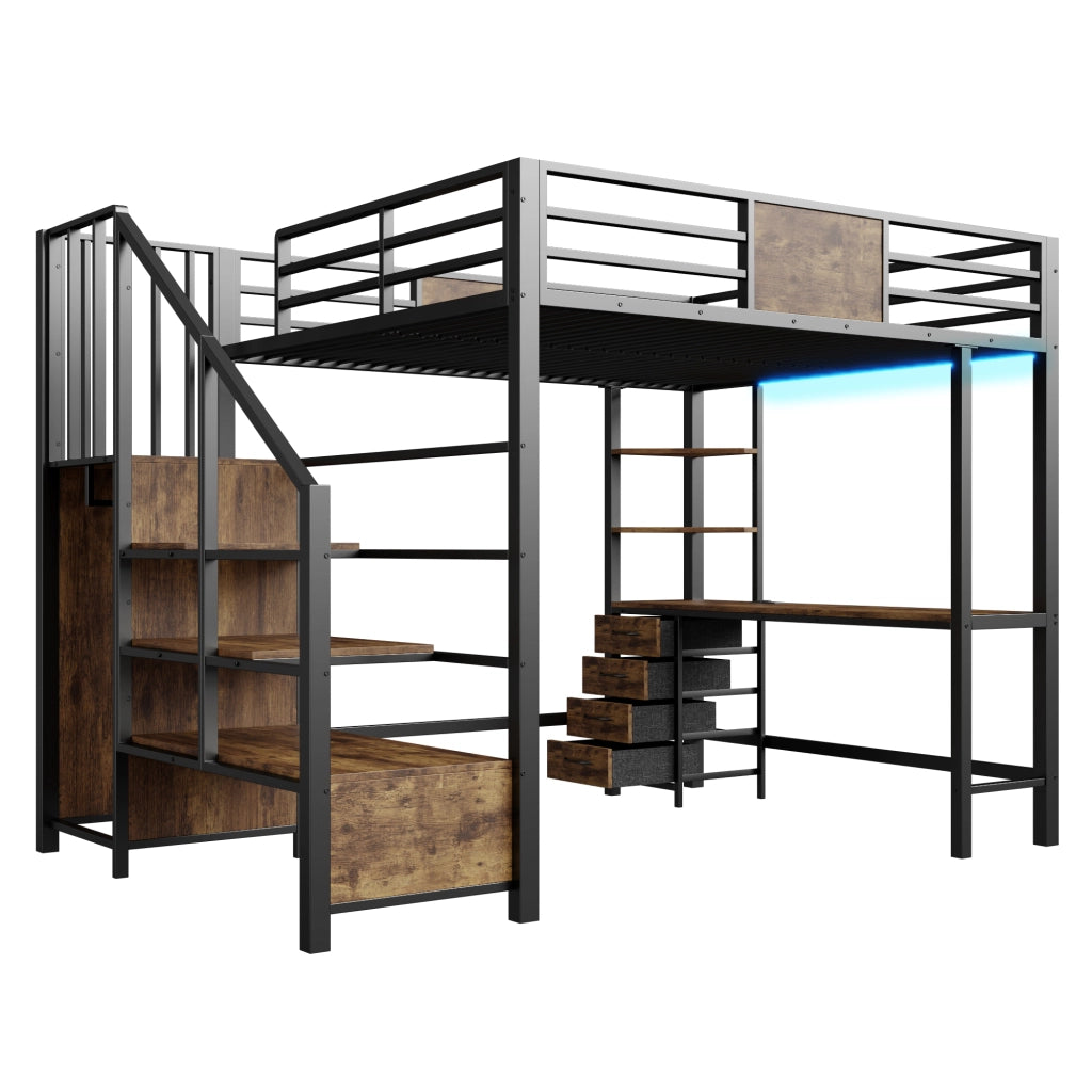 Letto a soppalco 140x200 cm in metallo con scrivania, ripiani, barra appendiabiti, LED e presa europea, colore nero