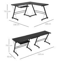Scrivania Angolare Moderna Nera Dritta Postazione da Lavoro per Computer con Vano Tastiera MDF, Metallo a forma di L: 130L x 130P x 73.5A cm  dritta: 210L x 50P x 73.5A cm Nero