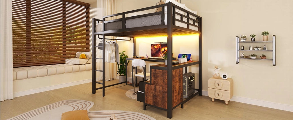 DESMIU Letto a soppalco 140 × 200 cm 2 posti con scrivania, ripiani, USB, LED senza materasso, nero