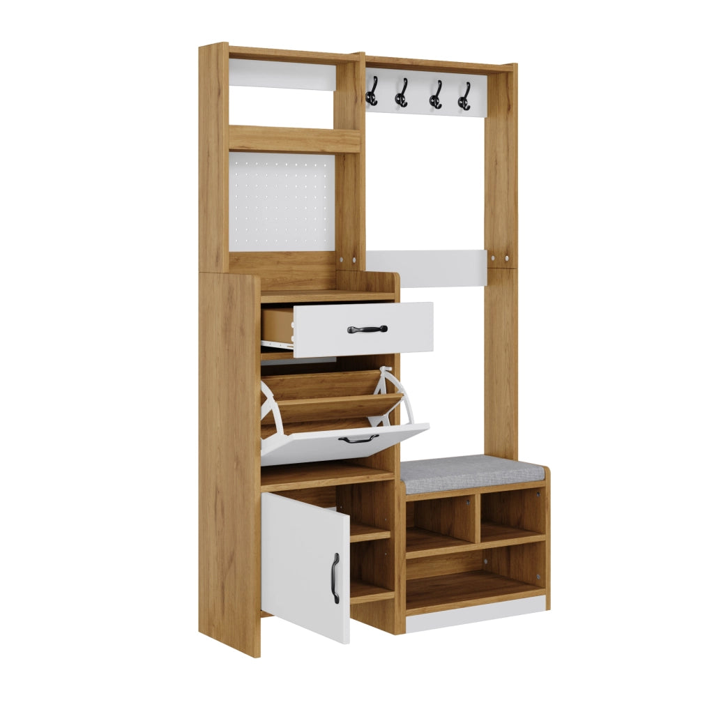 Garderoba da ingresso multifunzionale con scarpiera, panca e appendiabiti, 108,5 x 35 x 180 cm, bianco e naturale