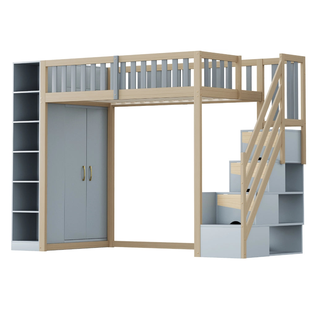 LETTO A CASTELLO 90 x 200 cm con armadio, scaffali e scala di sicurezza, grigio/legno