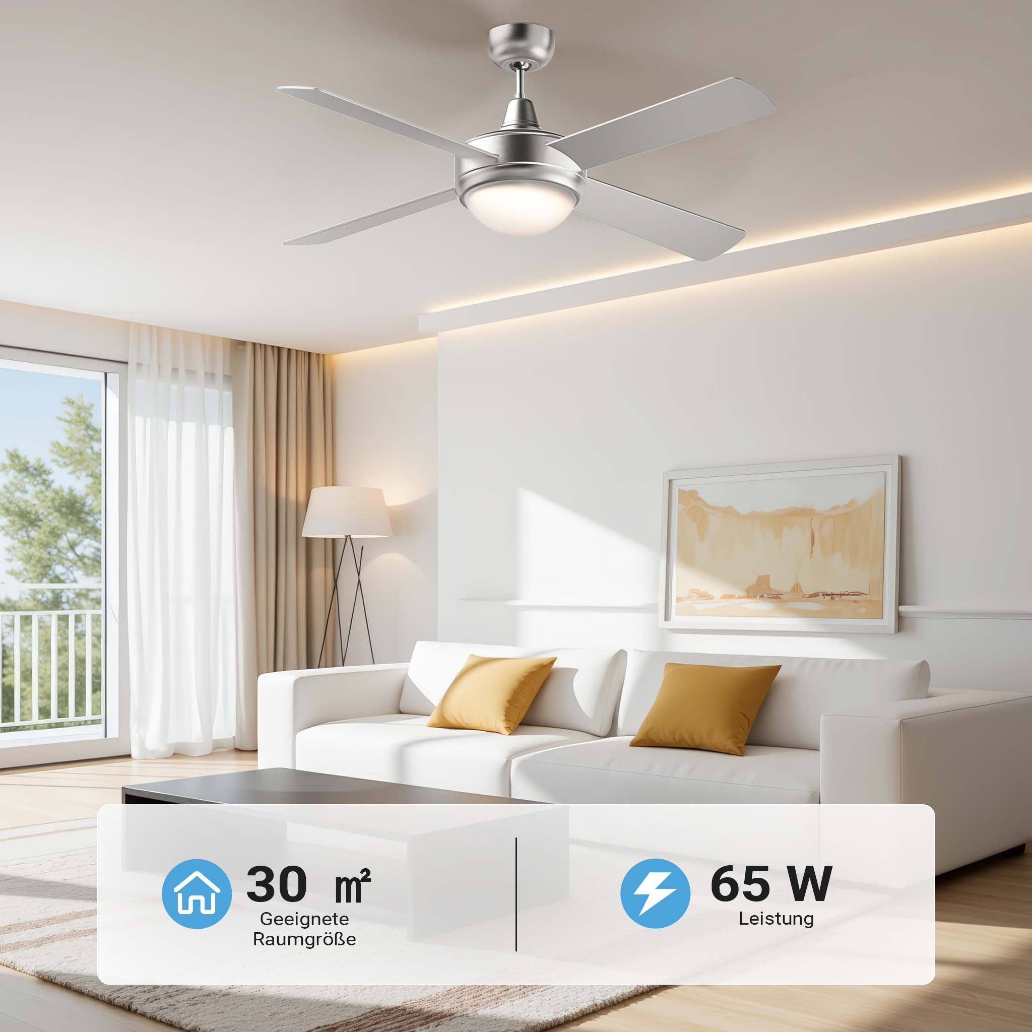 Ventilatore da soffitto Ø 130 cm con 4 pale, lampadario ventilatore con 3 velocità, telecomando, timer, modalità estiva e invernale, 65 W