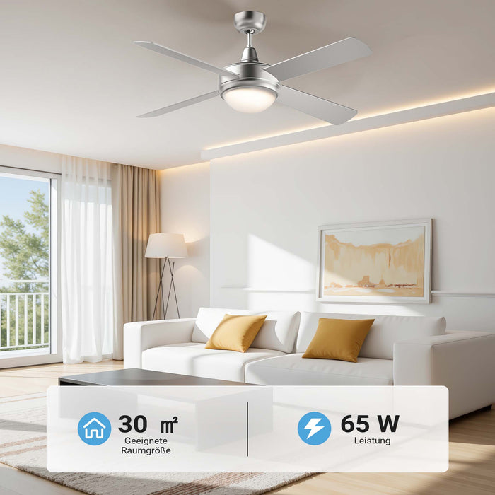 Ventilatore da soffitto Ø 130 cm con 4 pale, lampadario ventilatore con 3 velocità, telecomando, timer, modalità estiva e invernale, 65 W