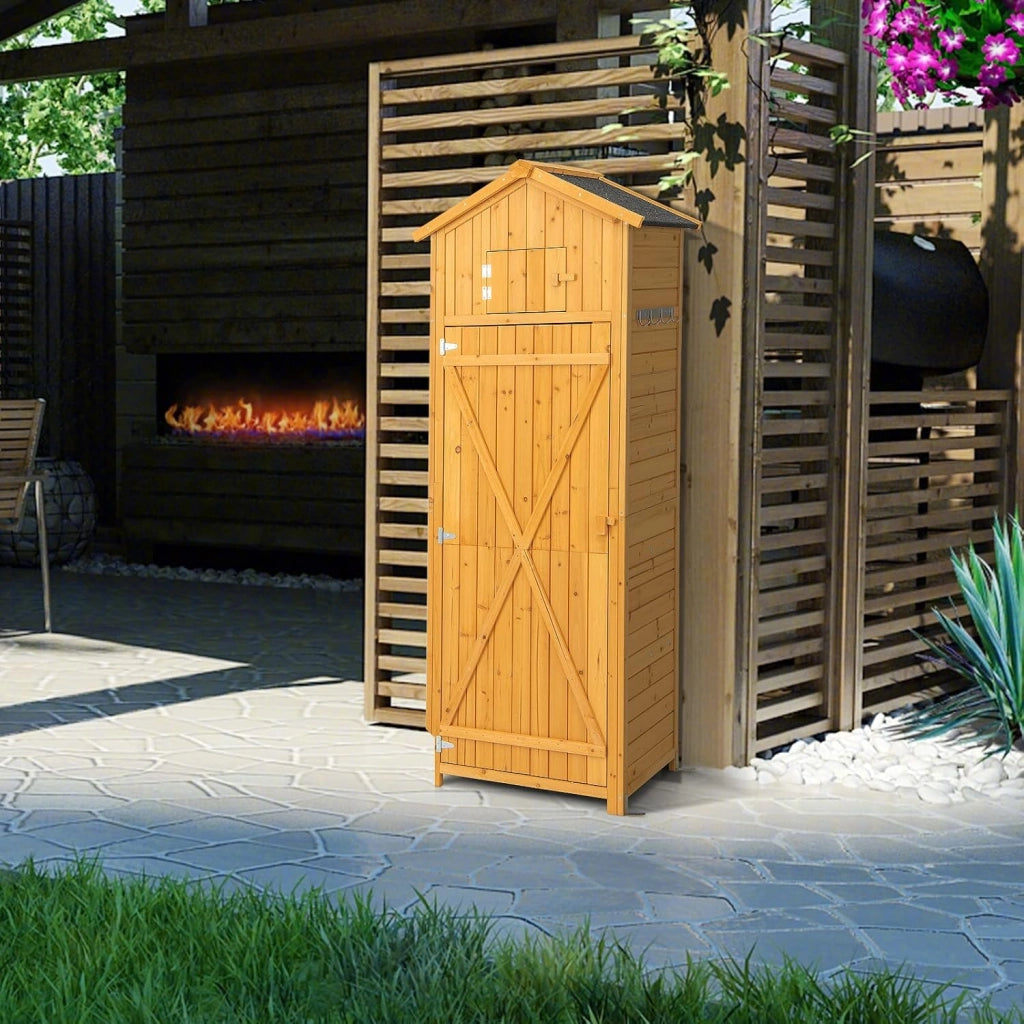 Armadio da Esterno in Legno, Capanno da Giardino con Serratura, Tavolo Pieghevole, Tetto Impermeabile, Ganci, Ripiani Rimovibili e 4 Staffe Metalliche, per Patio, Giardino e Cortile (Legno)