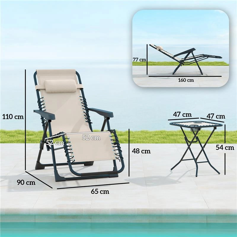 SET 2 SEDIE SDRAIO A GRAVITÀ ZERO PIEGHEVOLI CON SCHIENALE REGOLABILE E TAVOLINO BEIGE