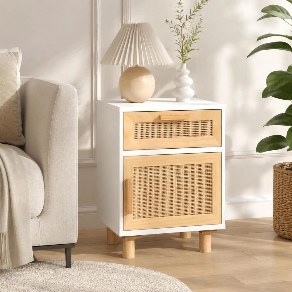 Bedside Table, White, Solid Pine Wood And Natural Rattan