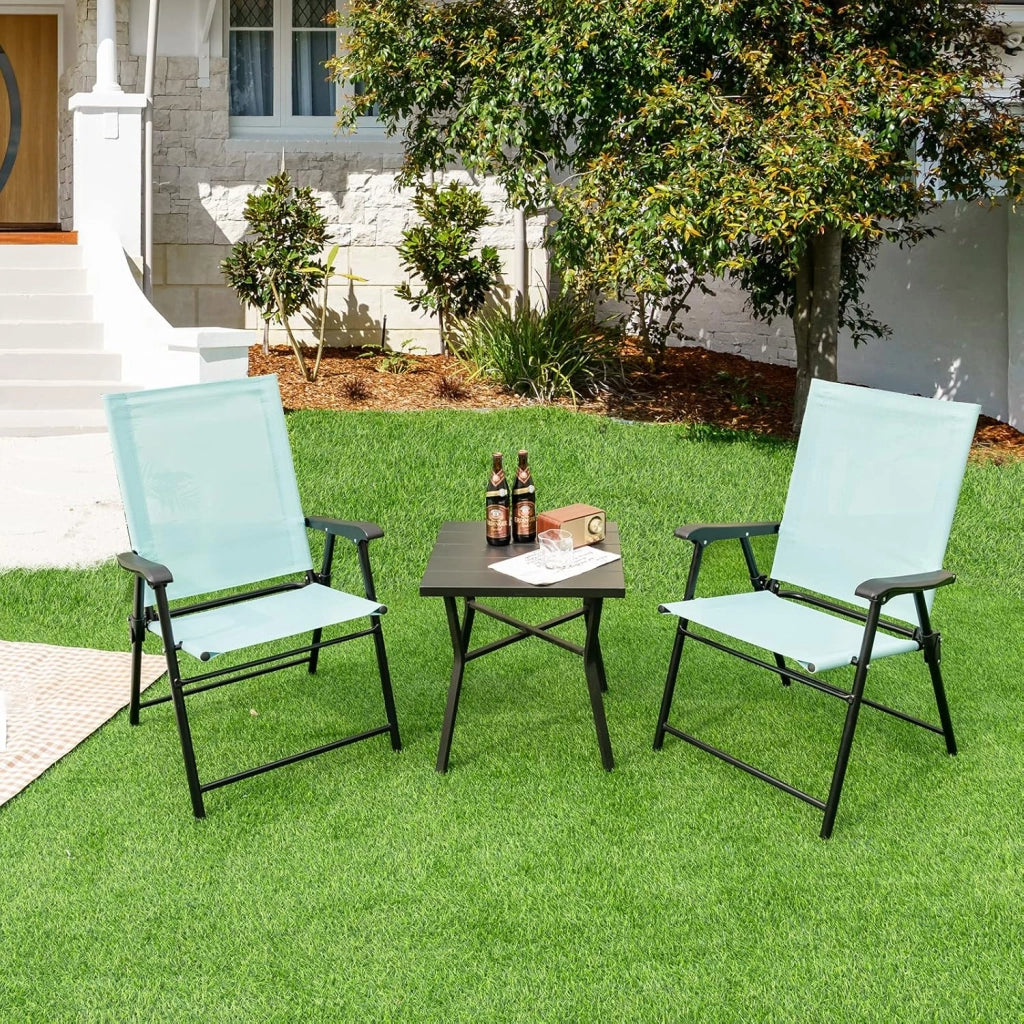 Set di 2 sedie da giardino pieghevoli, con schienale alto e bracciolo, resistenti alle intemperie, in metallo e tessuto, portata fino a 150 kg (verde menta)
