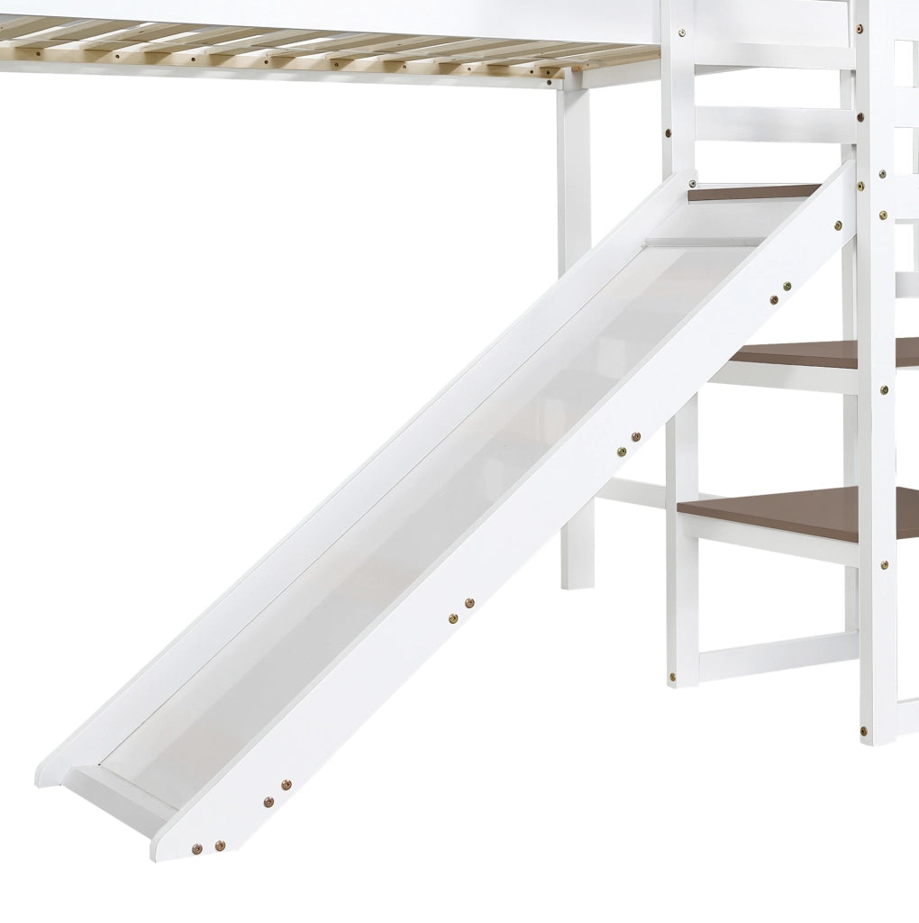 Letto a castello 90x200 cm con scivolo e scala contenitore in legno e MDF bianco