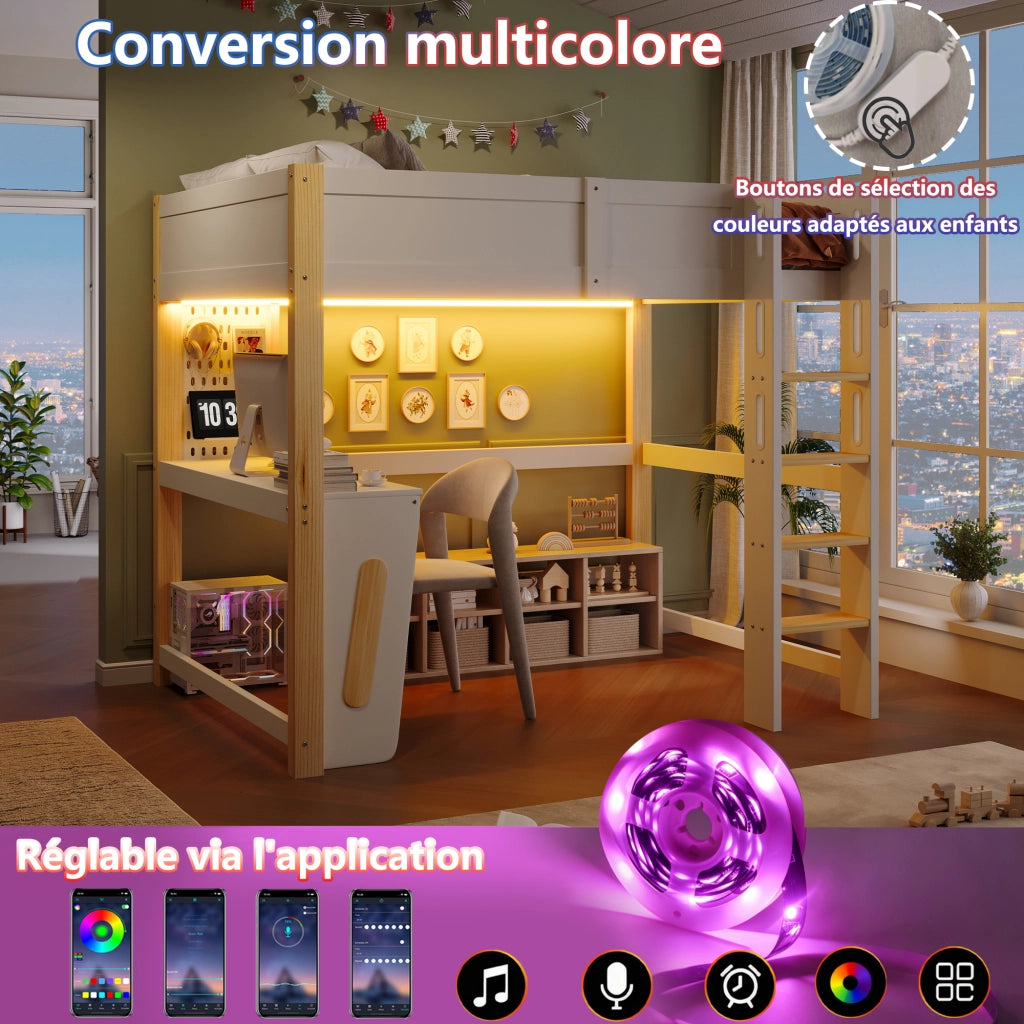 Letto a soppalco per bambini 140x200 cm, letto rialzato con scrivania integrata, pannello forato, illuminazione LED, pino, naturale e bianco
