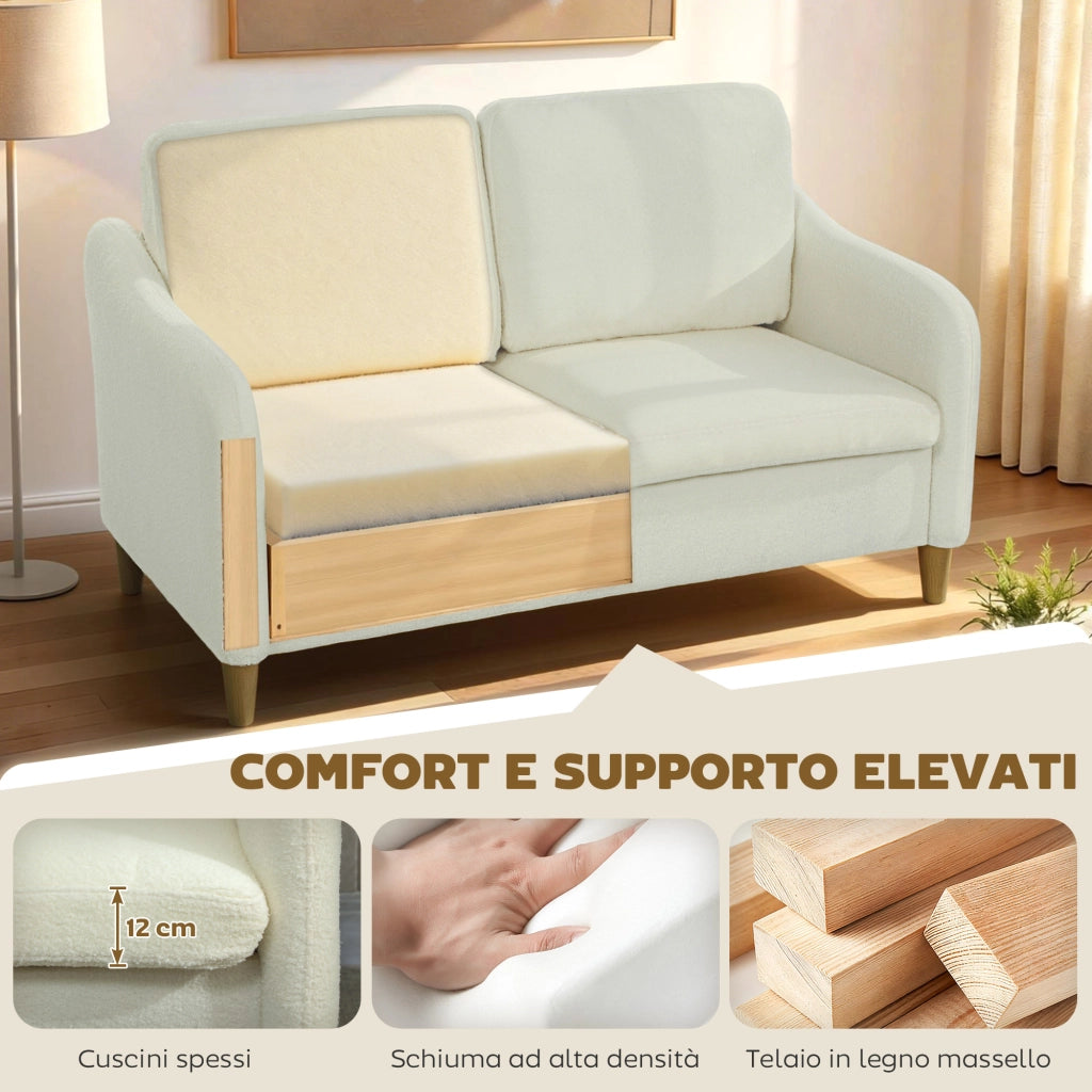 Divano 2 Posti Moderno 137x69x82 cm con Cuscini Spessi e Rivestimento Sherpa Crema
