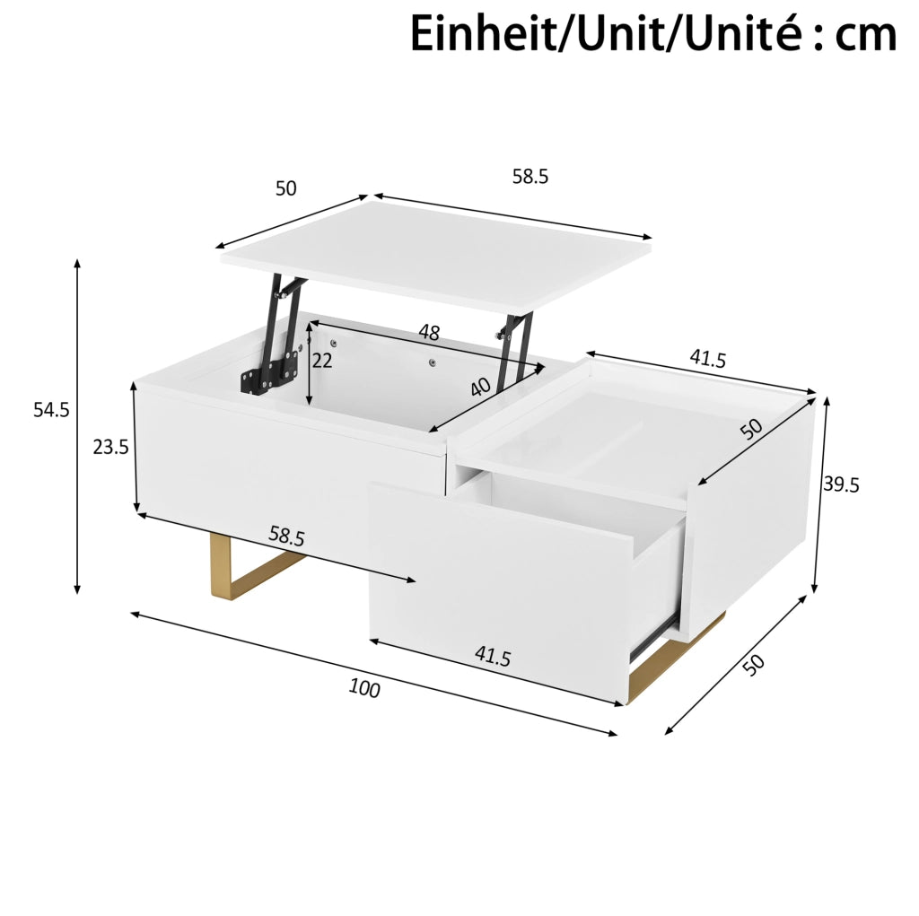 Tavolino da salotto 100x50x54.5 cm regolabile in altezza con cassetto e vano contenitore in MDF bianco
