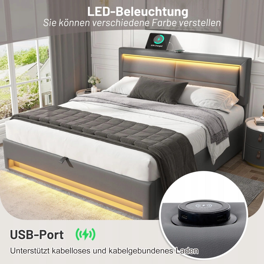 Letto Matrimoniale - Xylo - 140x200cm - Grigio PU - USB LED