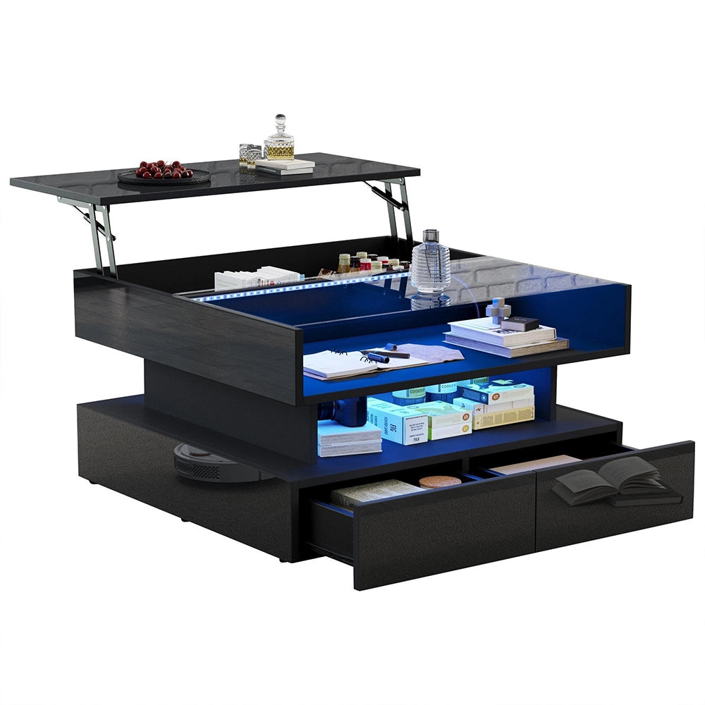Tavolino regolabile - Xylo - 80x80cm vetro temperato 2 cassetti LED nero