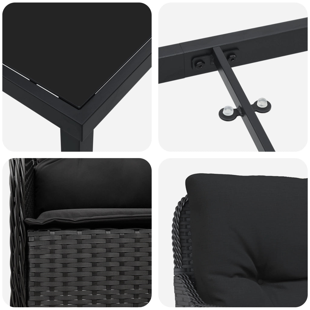 Set da pranzo da giardino a 5 pezzi con cuscini in rattan poliestere nero