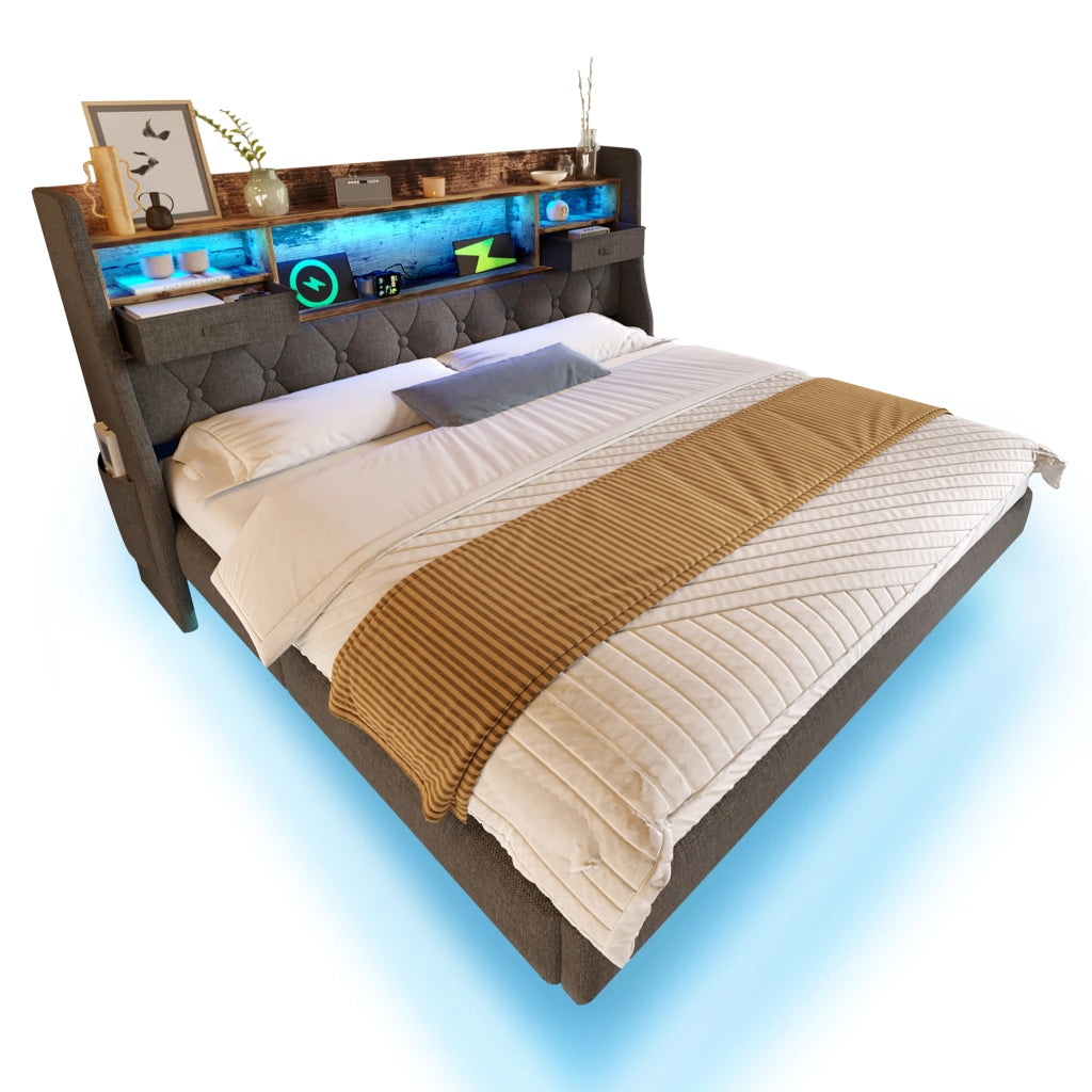 Letto a scomparsa imbottito con luci LED e porta USB 140x190 cm lino grigio
