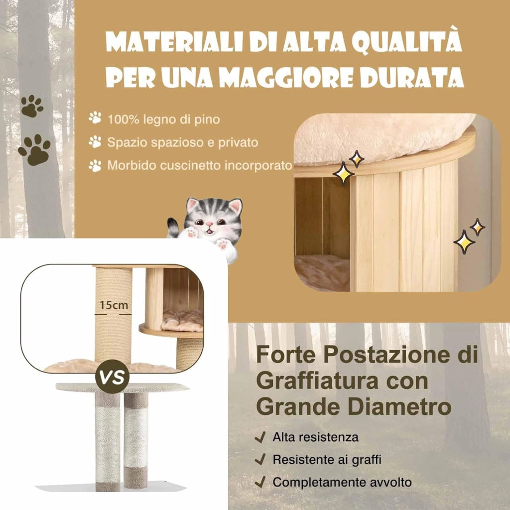 Albero Tiragraffi per Gatti Alto 191 cm, Tiragraffi per Gatti Multistrato con Nicchia in Legno, Trespolo Spazioso, Amaca, Nido, Pali, Tiragraffi e Materassini Lavabili