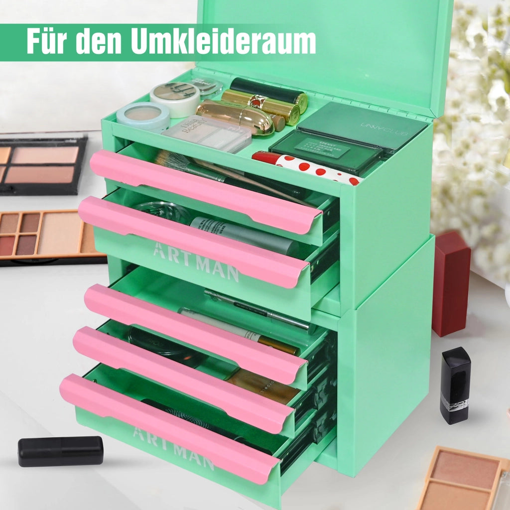 Cassettiera in acciaio con 5 cassetti impilabili, per cosmetici e ufficio, verde e rosa
