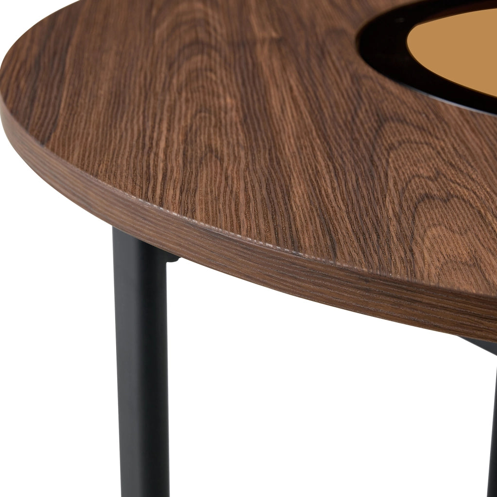 Tavolo da pranzo rotondo 100 cm in MDF marrone, vetro e metallo