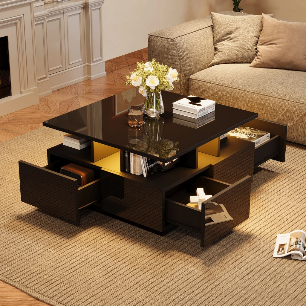 Tavolino da Caffè Quadrato con 4 Cassetti e LED; Nero Lucido; Design Geometrico; in Pannello Truciolare; 70×70×40 cm