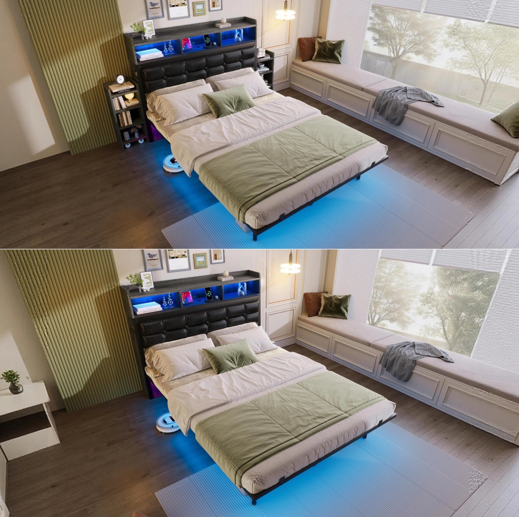 Letto matrimoniale LED 140x190 cm con comodini e ricarica USB-C