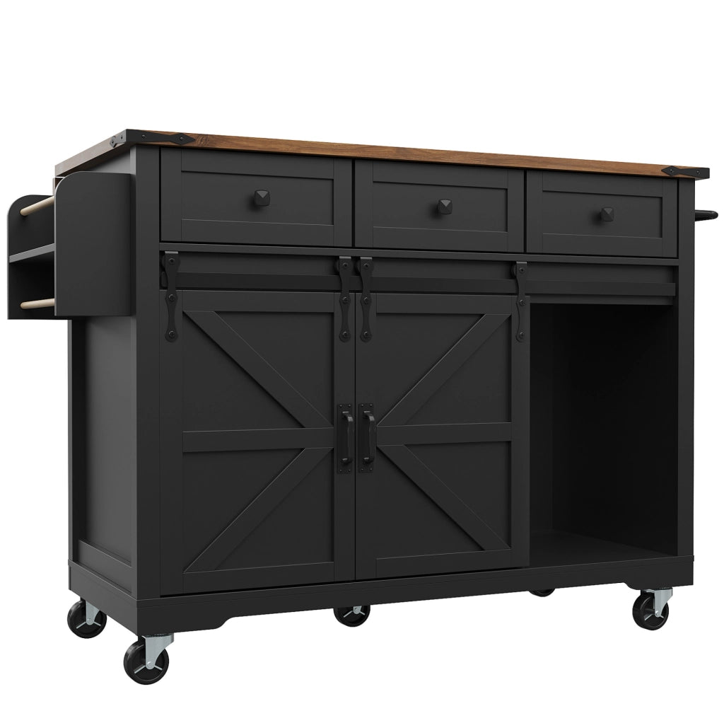Isola cucina 140x45 cm pieghevole con 3 cassetti e ante scorrevoli; MDF; nero