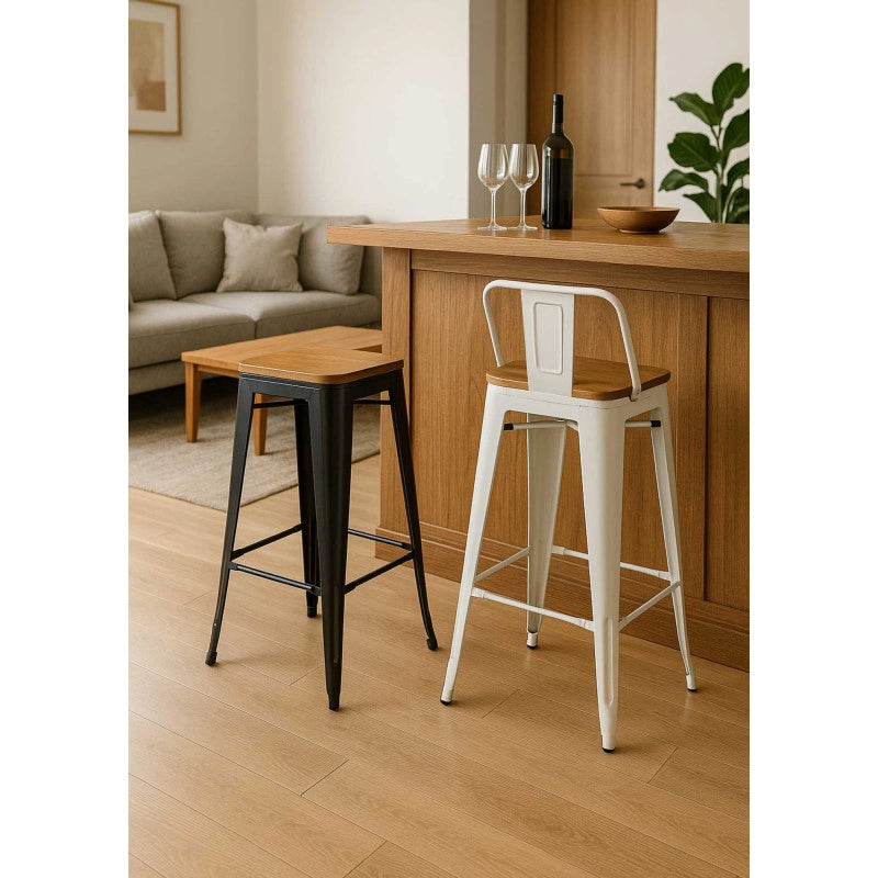 Sgabello ferro new bristol bianco seduta legno cm 42x42h77/94