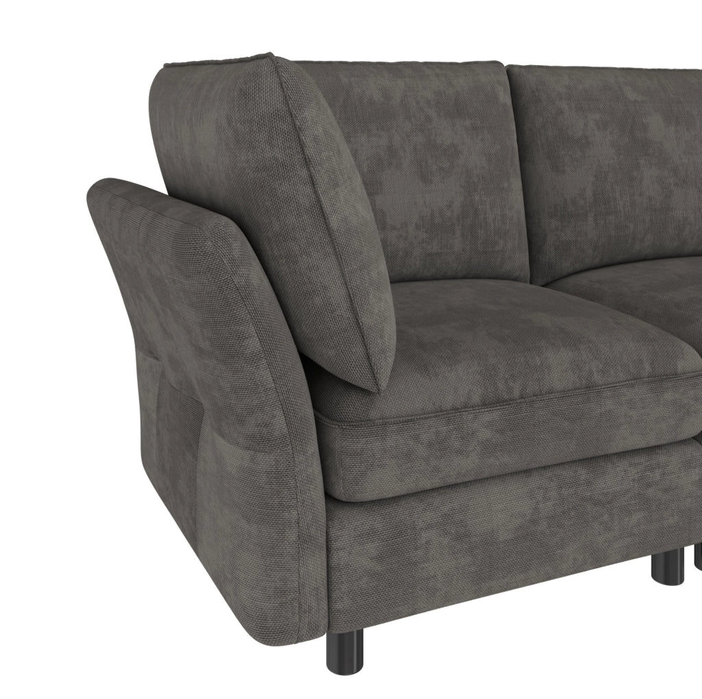 Divano angolare modulare 4 posti in ciniglia grigio con pouf contenitore HOMVRA