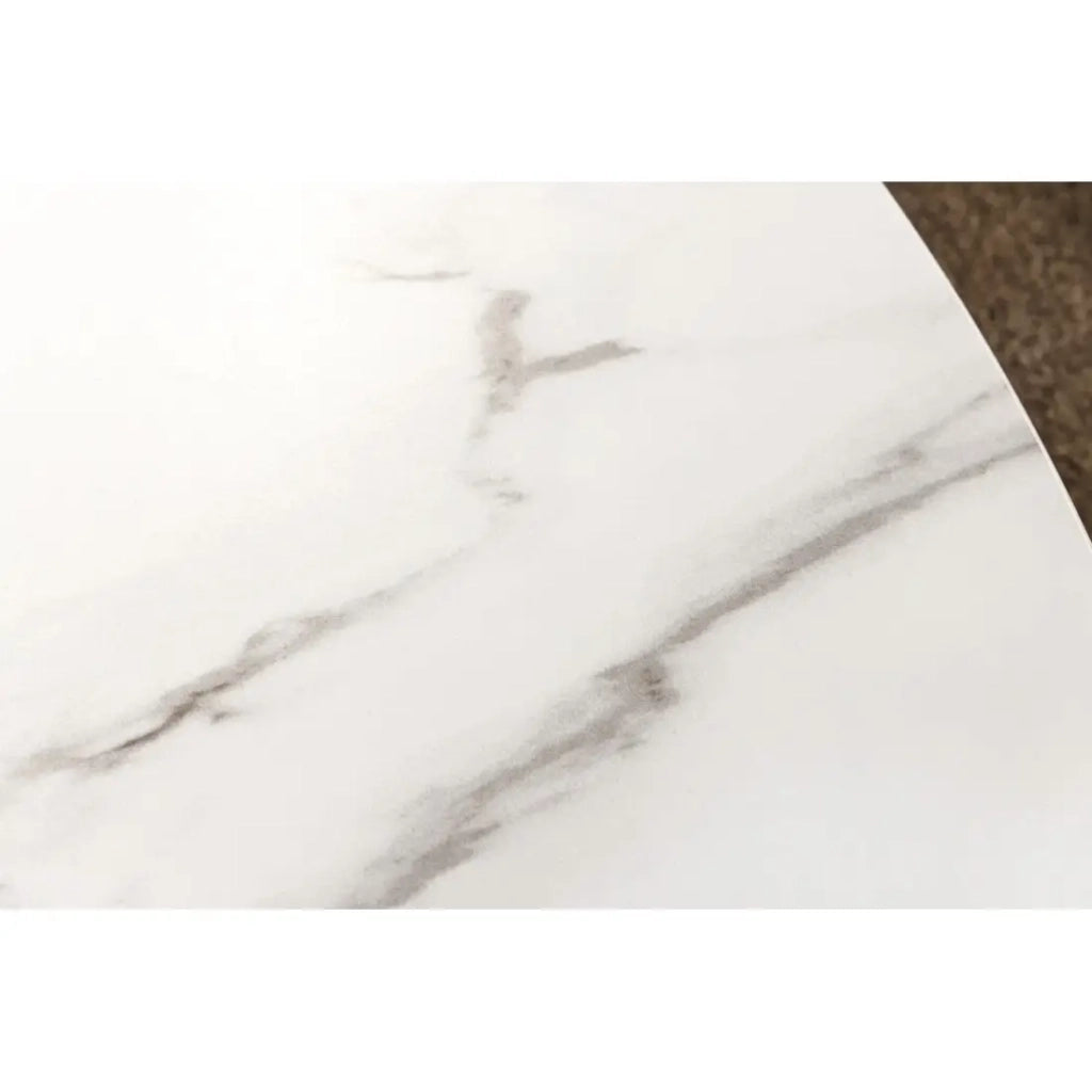 Tavolo da pranzo LUMEA – Rotondo 120 cm – Piano in ceramica effetto marmo bianco e piede in noce – Stile contemporaneo