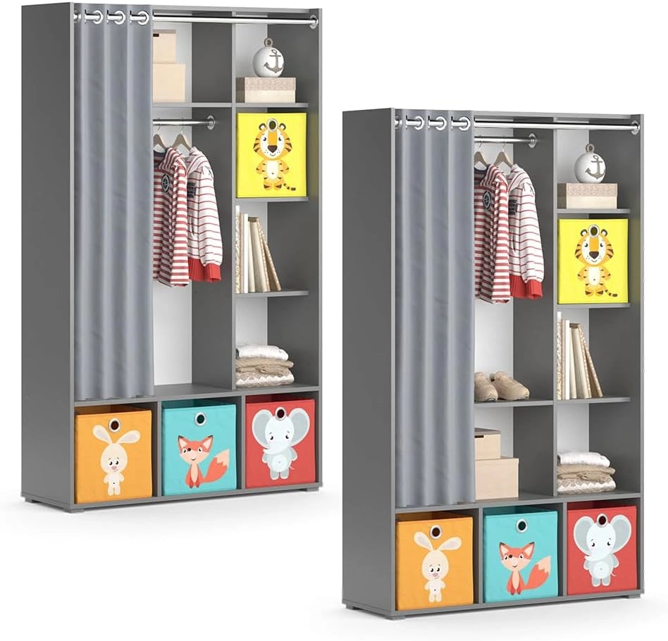 Guardaroba per bambini Luigi, Grigio, 105.8 x 178.1 cm Con scatole pieghevoli (colorate), combinabile con altri mobili della serie Luigi