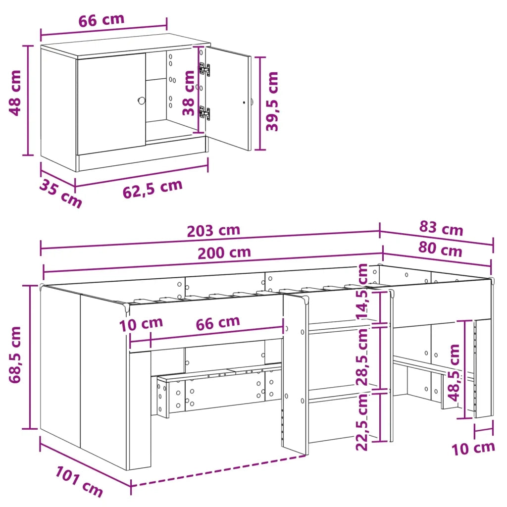 Struttura Letto Loft con Mobile 3 pcs-Giroletto con contenitore Bianco Legno multistrato 454824