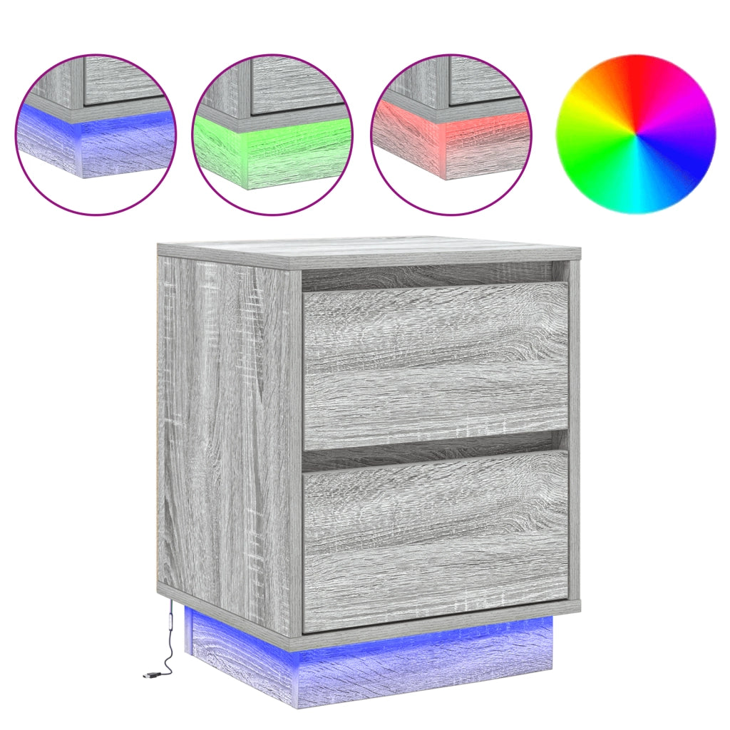 Comodini con luci LED 2 pcs Grigio Sonoma 39x34.5x50 cm