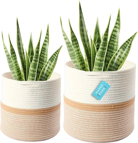 Set di contenitori per piante in cotone grande da 2 pezzi per interni - contenitore di archiviazione & vaso per piante - hanger a fiori con striscia di miele
