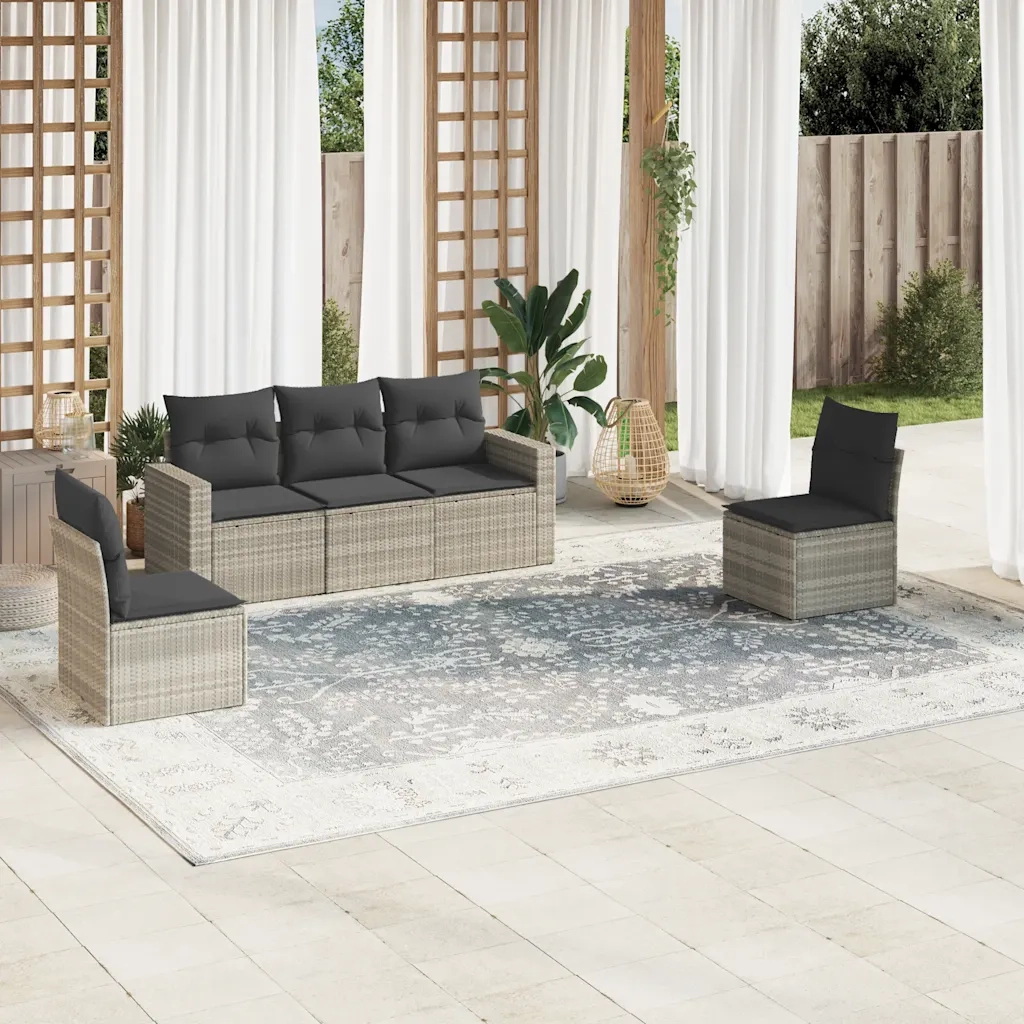 Set Divano da Giardino 5pz con Cuscini Grigio Chiaro Polyrattan