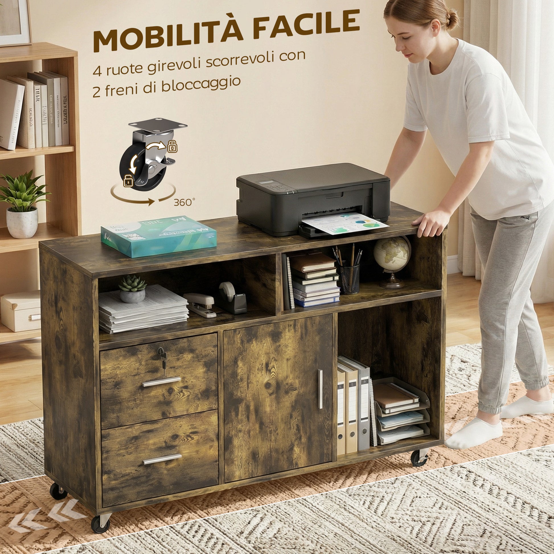 Mobile Porta Stampante 100x35x65 cm a Rotelle con 2 Cassetti 3 Ripiani e 2 Armadietti in Legno Marrone