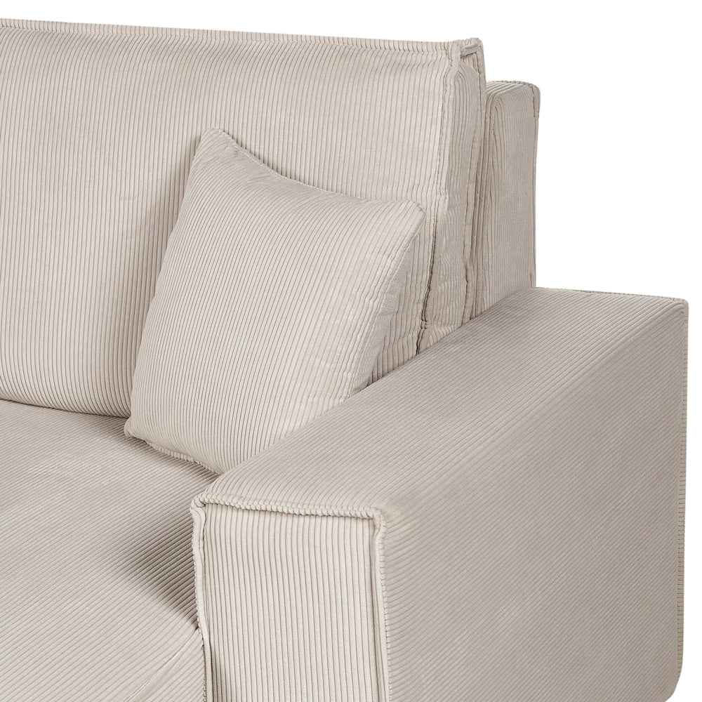 Divano angolare sinistro imbottito in velluto a coste beige con funzione di dormiente e schienale imbottito estraibile