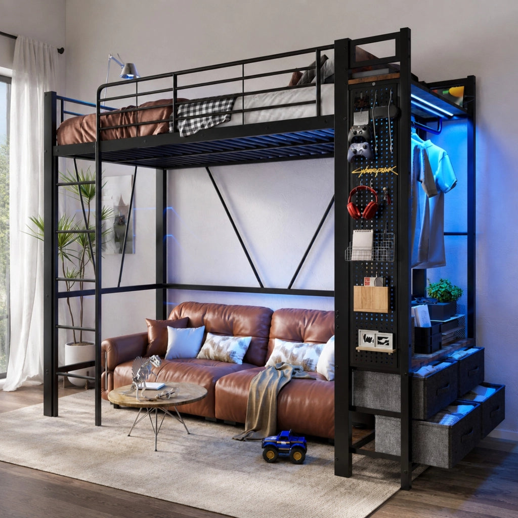 LETTO a soppalco 90x200 cm metallo nero con 4 cassetti LED USB e Type-C