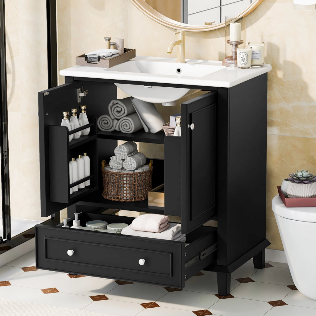 Mobile sottolavabo con lavabo in ceramica e 2 ante 1 cassetto ripiano regolabile per bagno in MDF laccato moderno