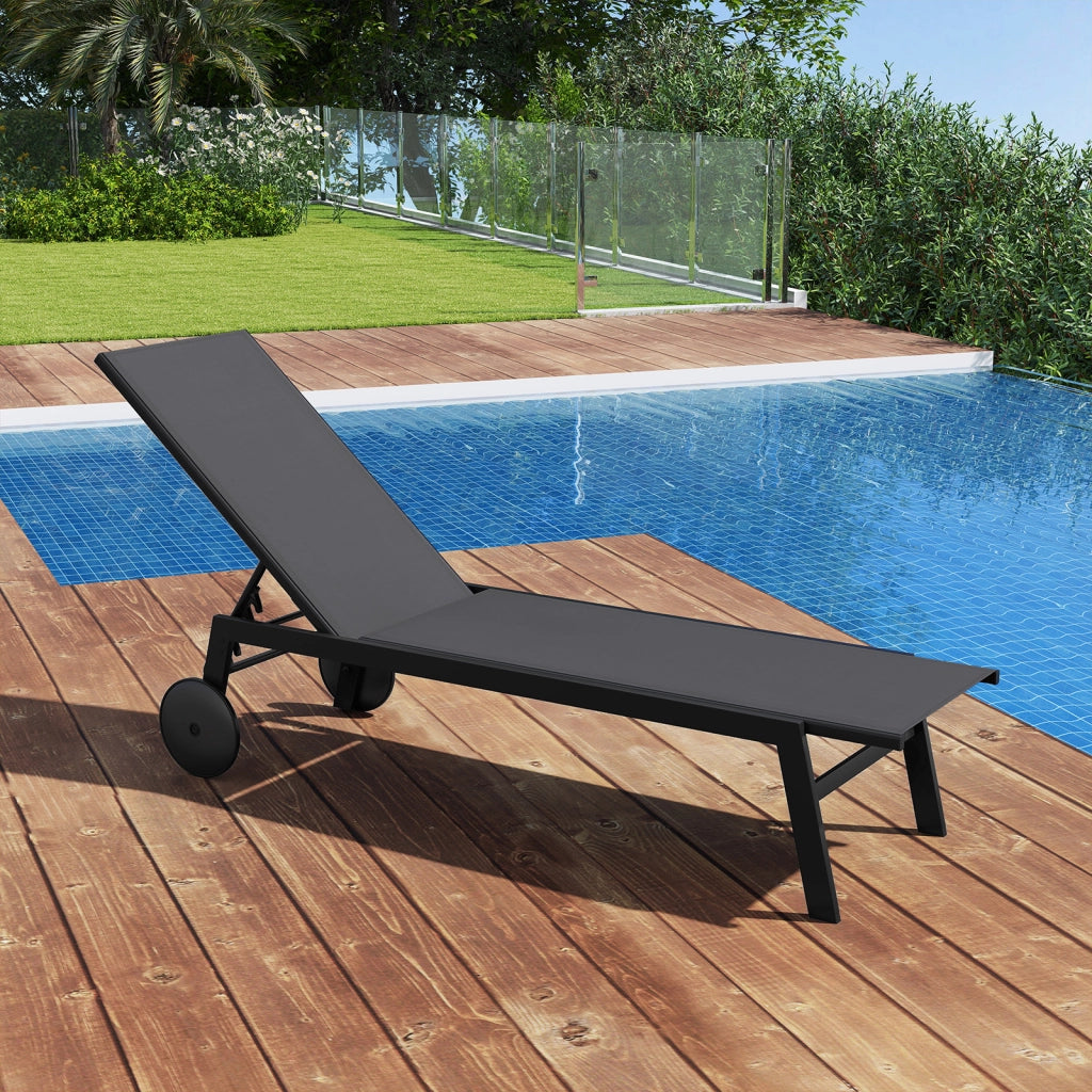 Sdraio patio ruote poltrona reclinabile 6 posizioni schienale regolabile-Sdraio tessuto traspirante prendisole piscina terrazza giardino Grigio