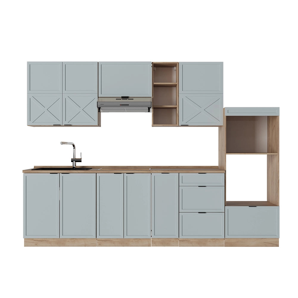 Cucina componibile Fame-Line Blu-grigio chiaro/Rovere dorato 280 cm, PL Rovere Vicco