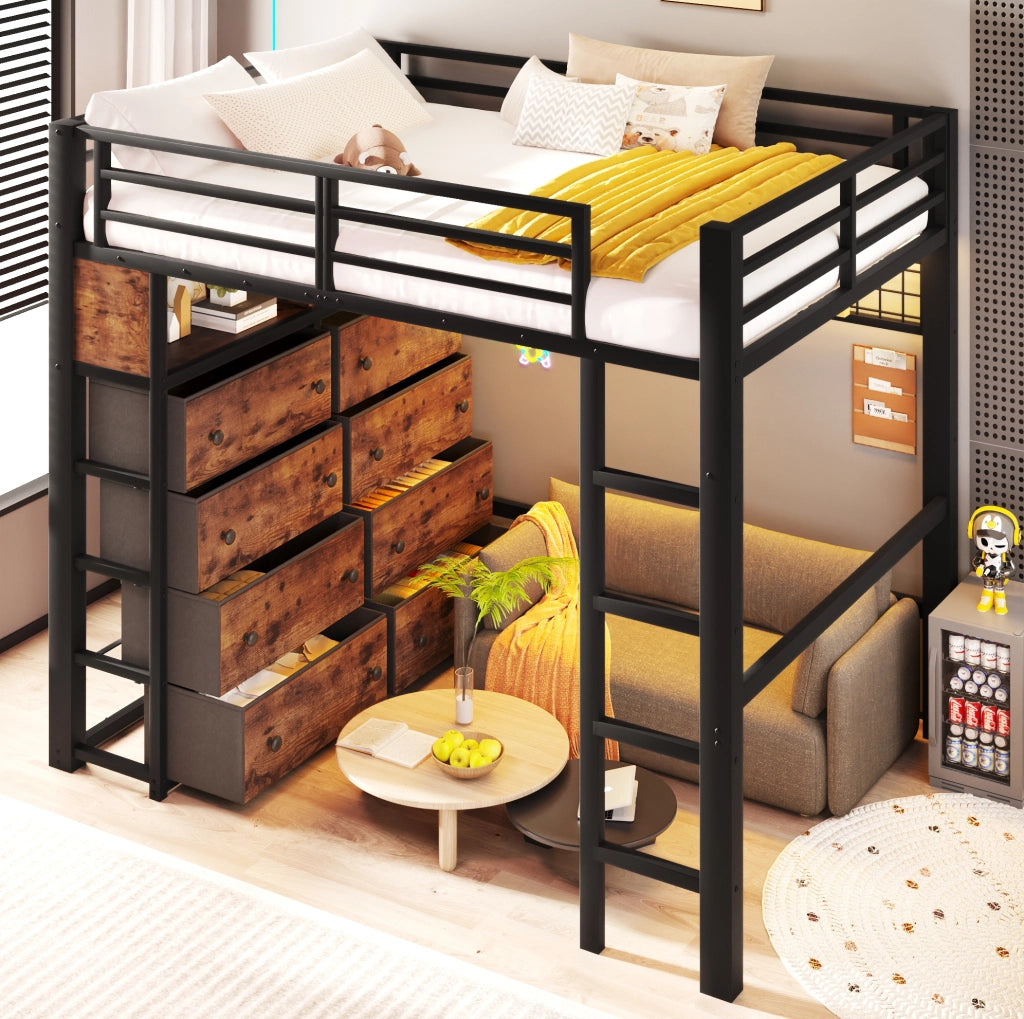 Letto a soppalco 140x200 cm con 8 cassetti; illuminazione LED; metallo e MDF; nero