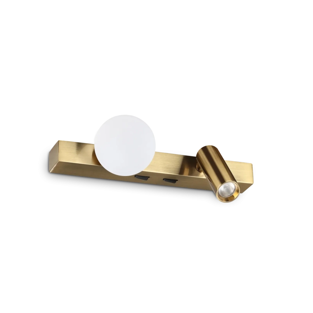APPLIQUE BINOMIO LED 6W 600lm 3000K OTTONE DIFFUSORE A SFERA E SPOT ORIENTABILE CON INTERRUTTORE