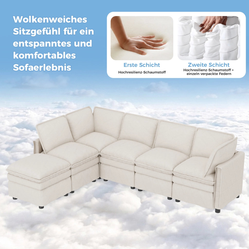 Divano modulare a U con funzione letto e pouf mobile in chenille beige con seduta doppia 6 posti 344 × 127 × 91 cm