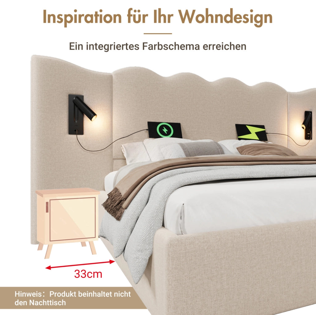 Letto contenitore 160x200 cm beige con luce e ricarica USB-C