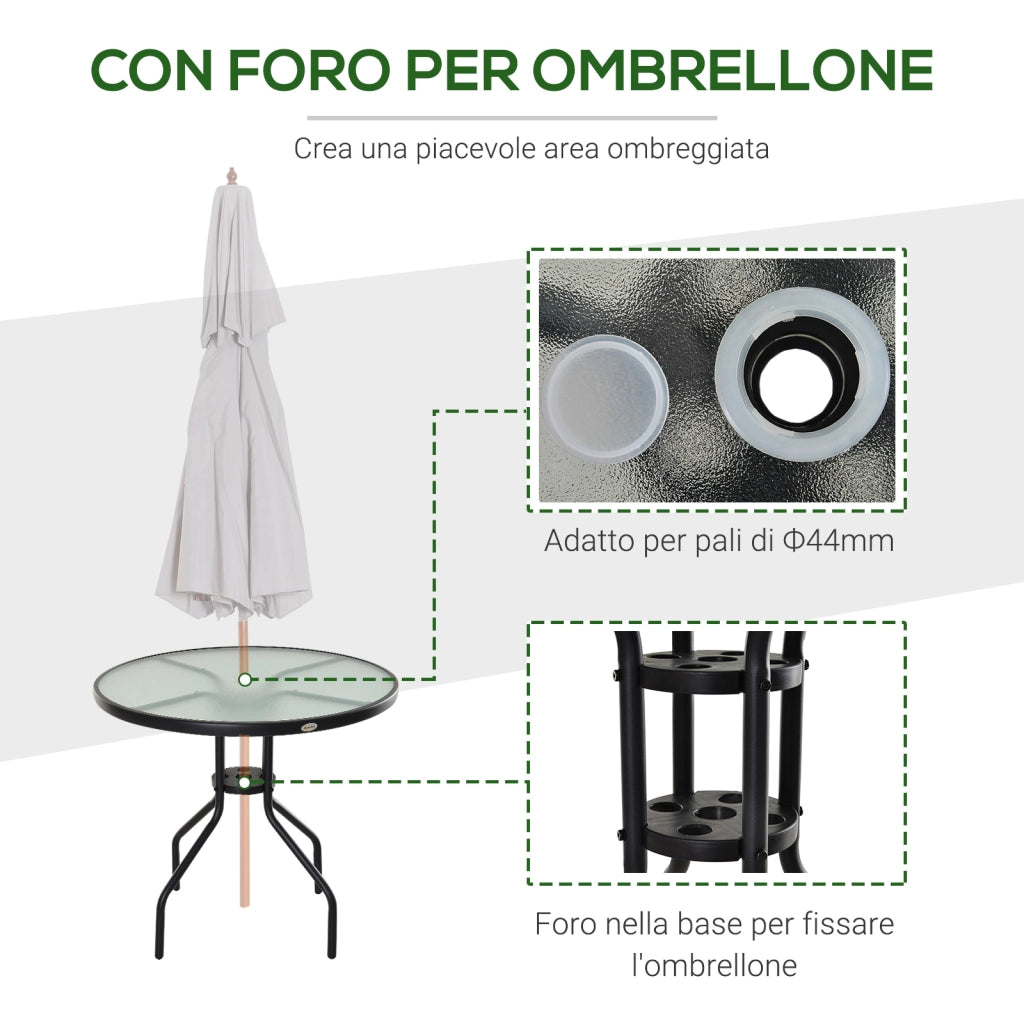 Tavolino da Giardino con Piano in Vetro Temperato e Foro per Ombrellone Acciaio §¶80 x 72 cm Nero