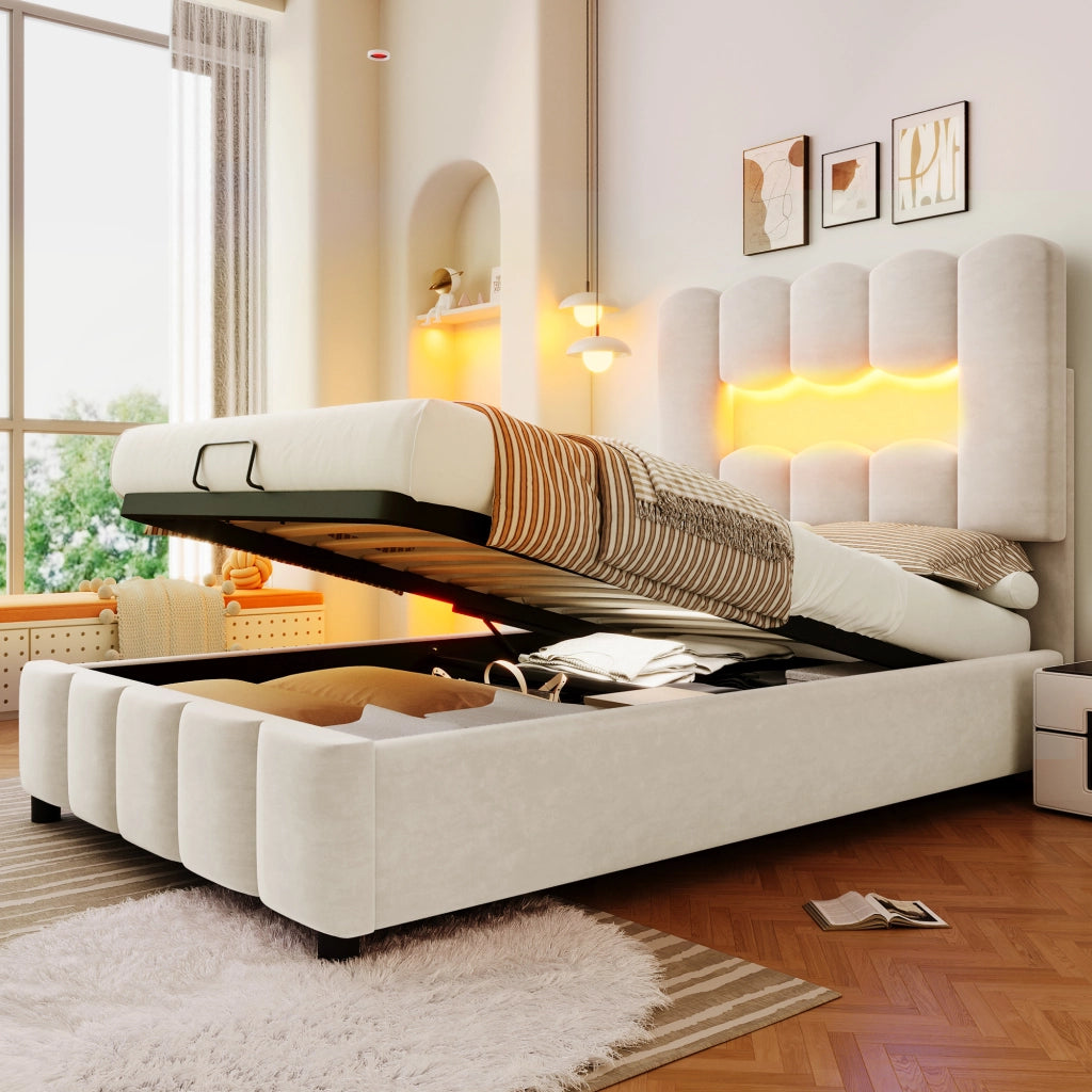 OKWISH Letto Contenitore 90×200 cm, Letto Singolo con LED Multicolore, Sollevamento Idraulico e Testiera Regolabile, senza Materasso, Velluto, Beige